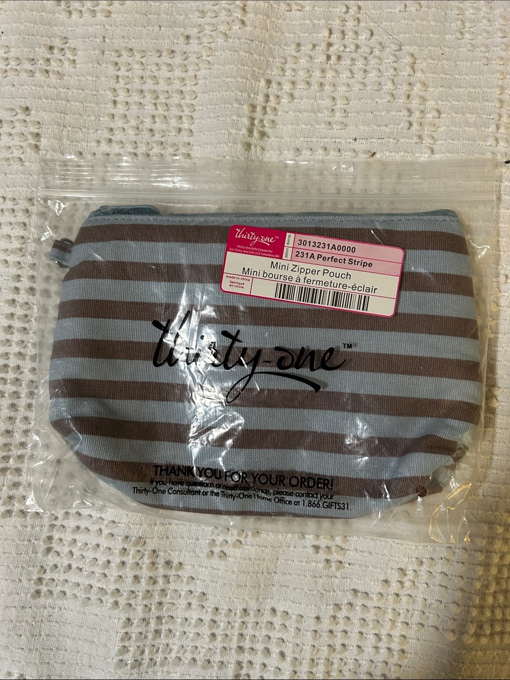 Jewell by thirty-one Striped Mini Zipper Pouch in Light Blue and Brown